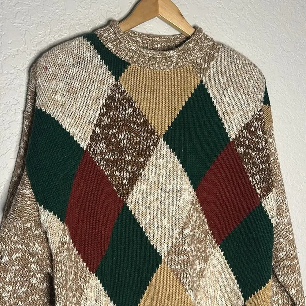 Vintage 90s Y2K Sweater Size 18W Shoulder Pads Argyle Brown Tan Fall Grandma